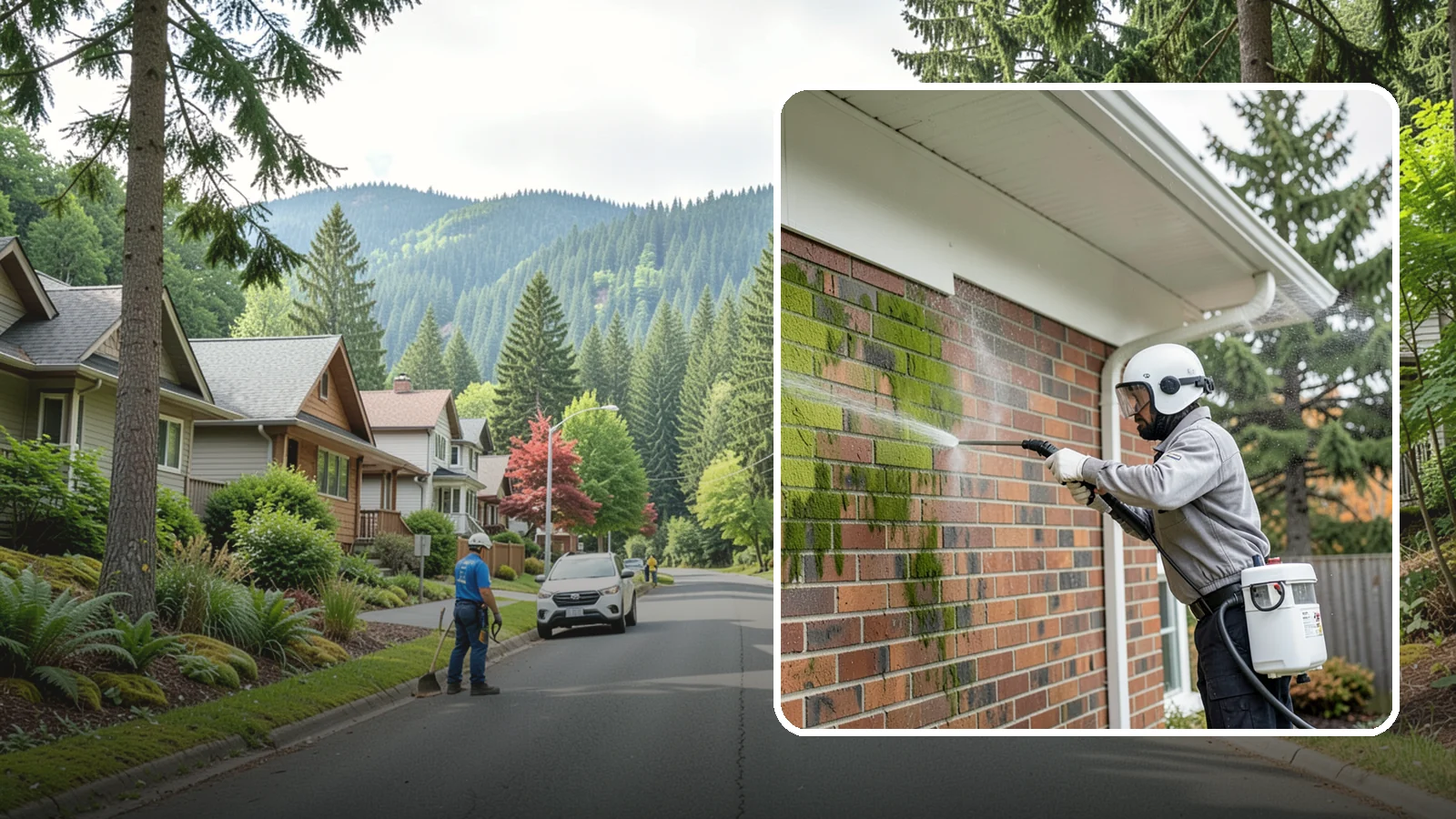 Brick House Washing in Darrington, Snohomish County, WA - Brick house washing removes the green algae, moss, and efflorescence that our damp weather draws out of masonry and mortar.