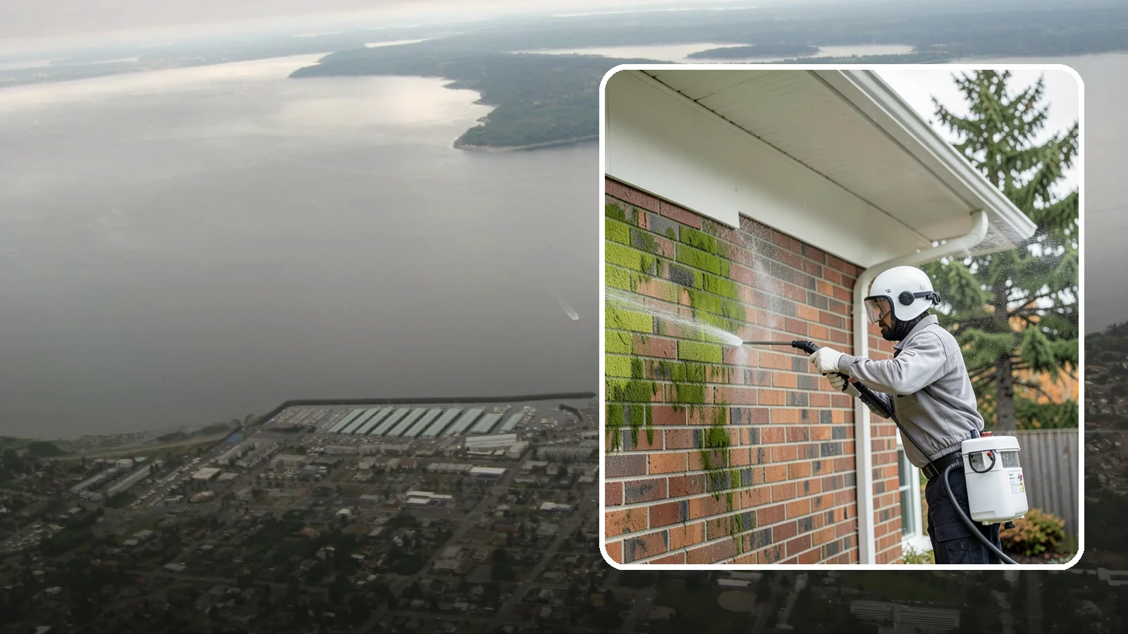 Brick House Washing in Des Moines, King County, WA - Brick house washing removes the green algae, moss, and efflorescence that our damp weather draws out of masonry and mortar.
