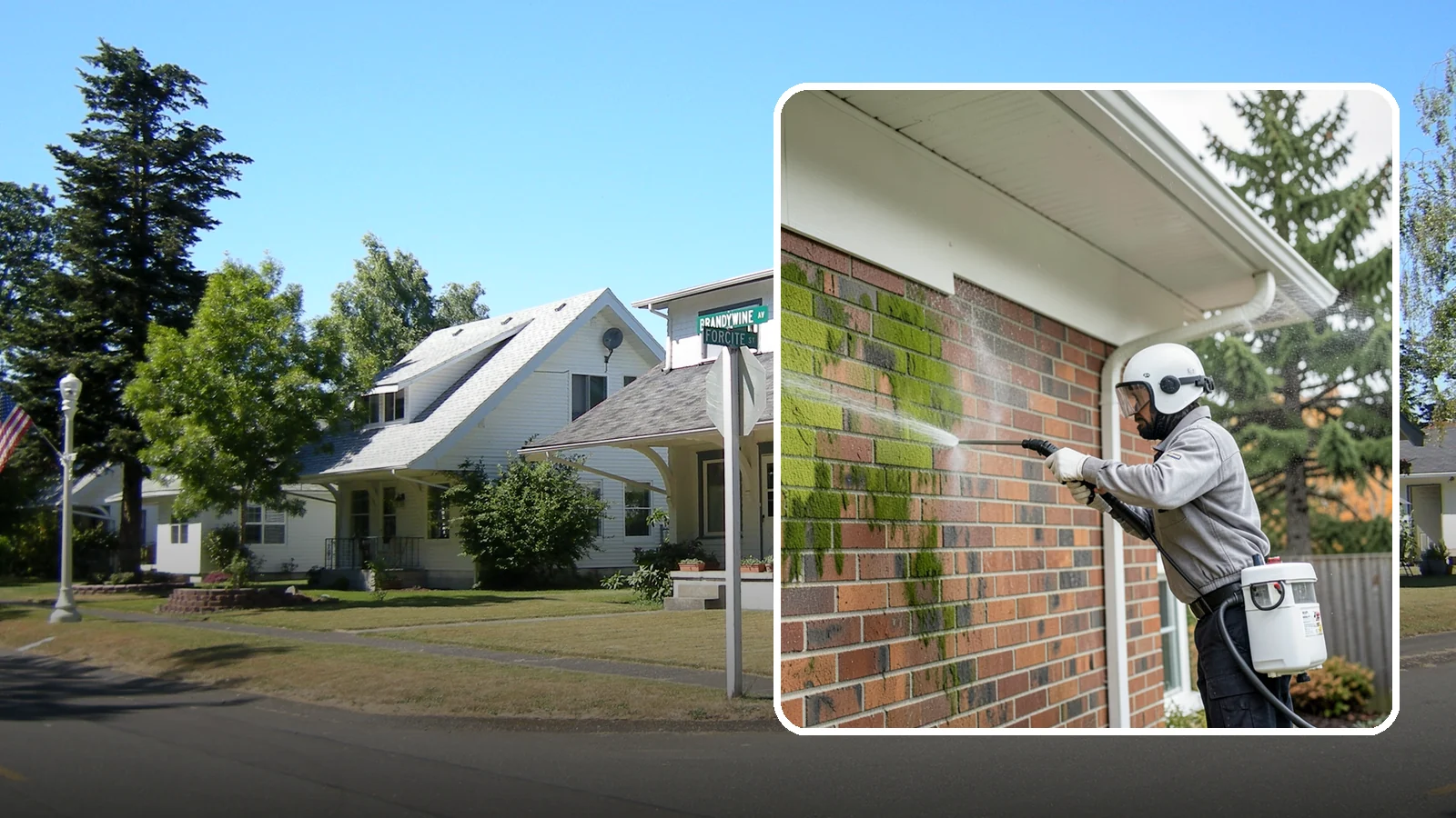 Brick House Washing in DuPont, Pierce County, WA - Brick house washing removes the green algae, moss, and efflorescence that our damp weather draws out of masonry and mortar.