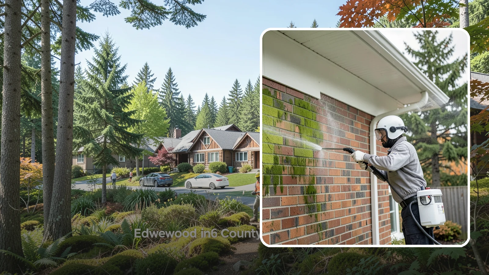 Brick House Washing in Edgewood, Pierce County, WA - Brick house washing removes the green algae, moss, and efflorescence that our damp weather draws out of masonry and mortar.