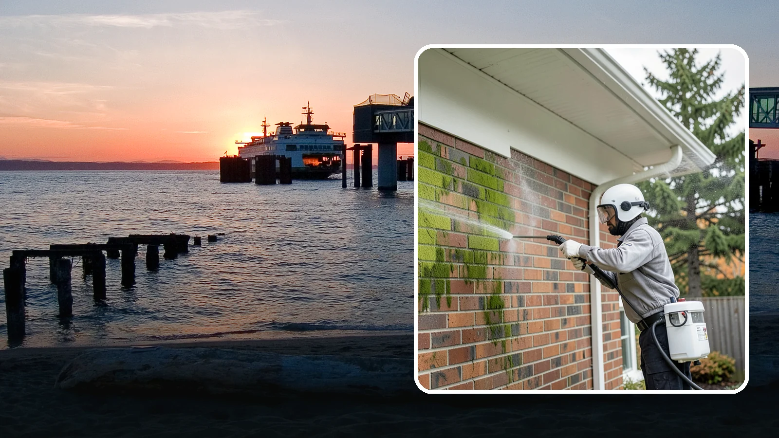 Brick House Washing in Edmonds, Snohomish County, WA - Brick house washing removes the green algae, moss, and efflorescence that our damp weather draws out of masonry and mortar.