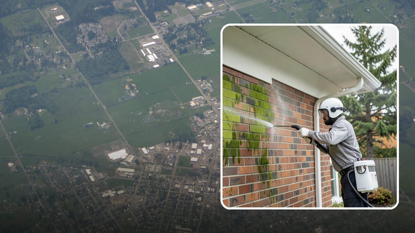 Brick House Washing in Enumclaw, King County, WA - Brick house washing removes the green algae, moss, and efflorescence that our damp weather draws out of masonry and mortar.