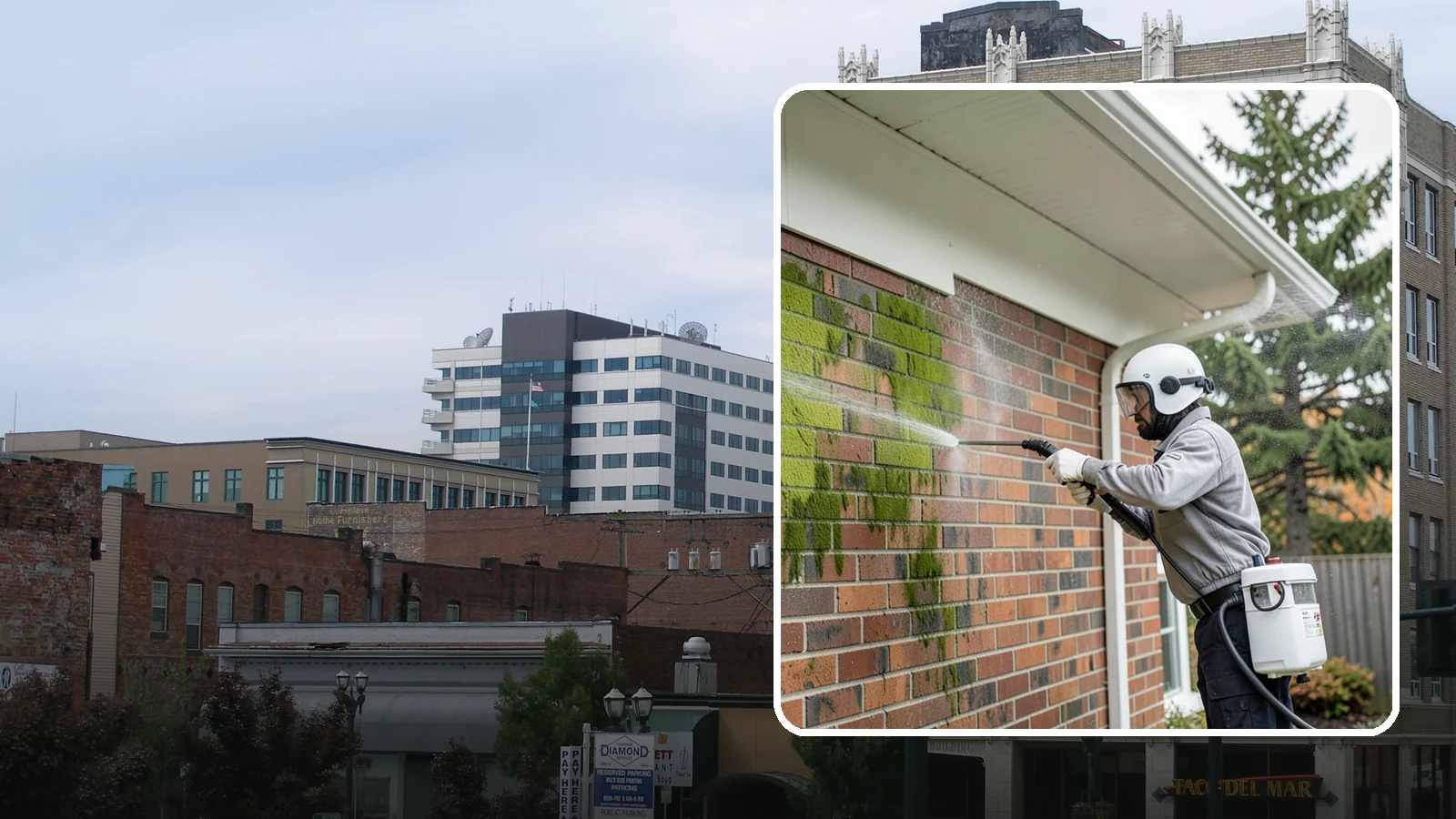 Brick House Washing in Everett, Snohomish County, WA - Brick house washing removes the green algae, moss, and efflorescence that our damp weather draws out of masonry and mortar.