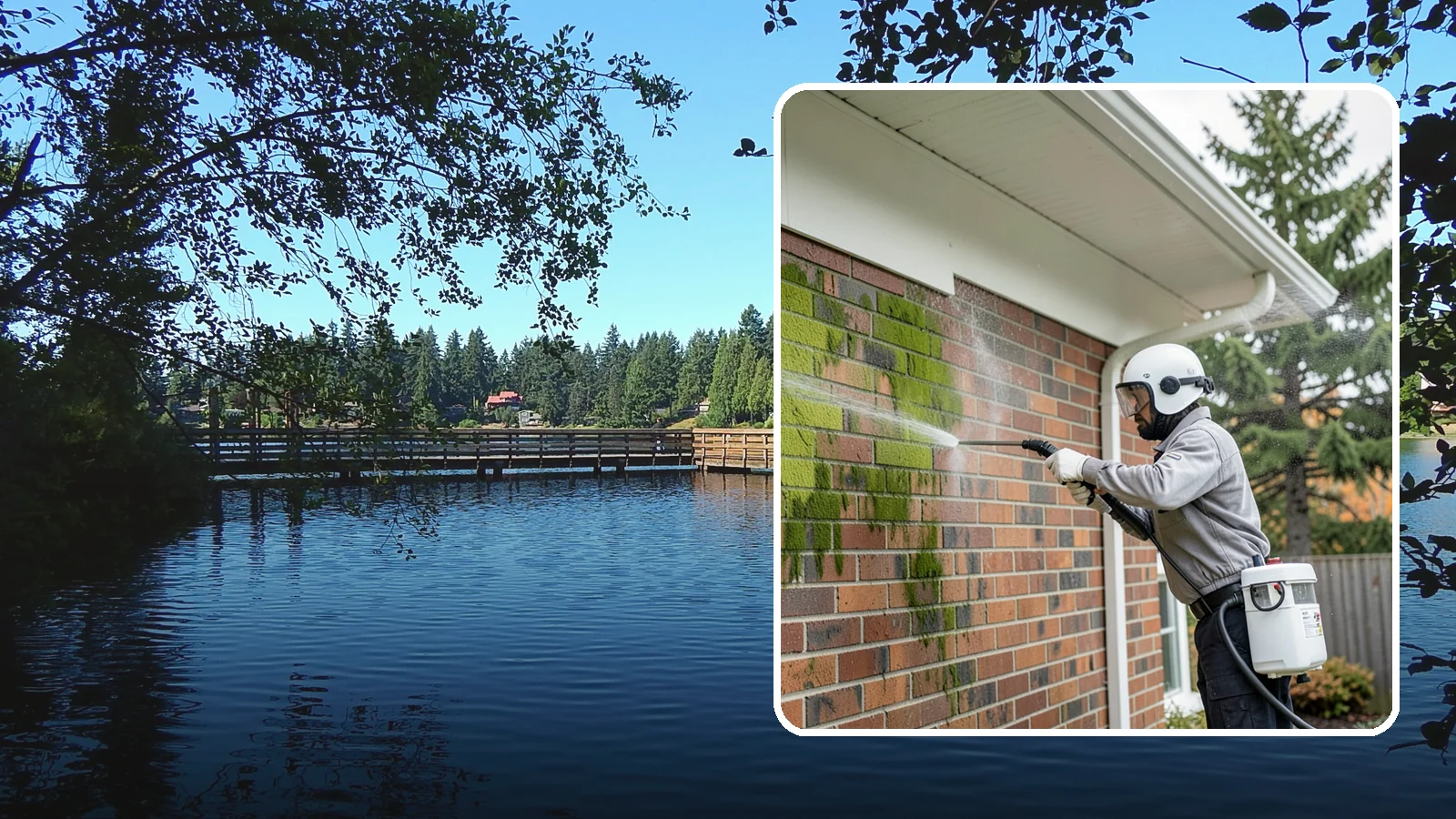 Brick House Washing in Federal Way, King County, WA - Brick house washing removes the green algae, moss, and efflorescence that our damp weather draws out of masonry and mortar.
