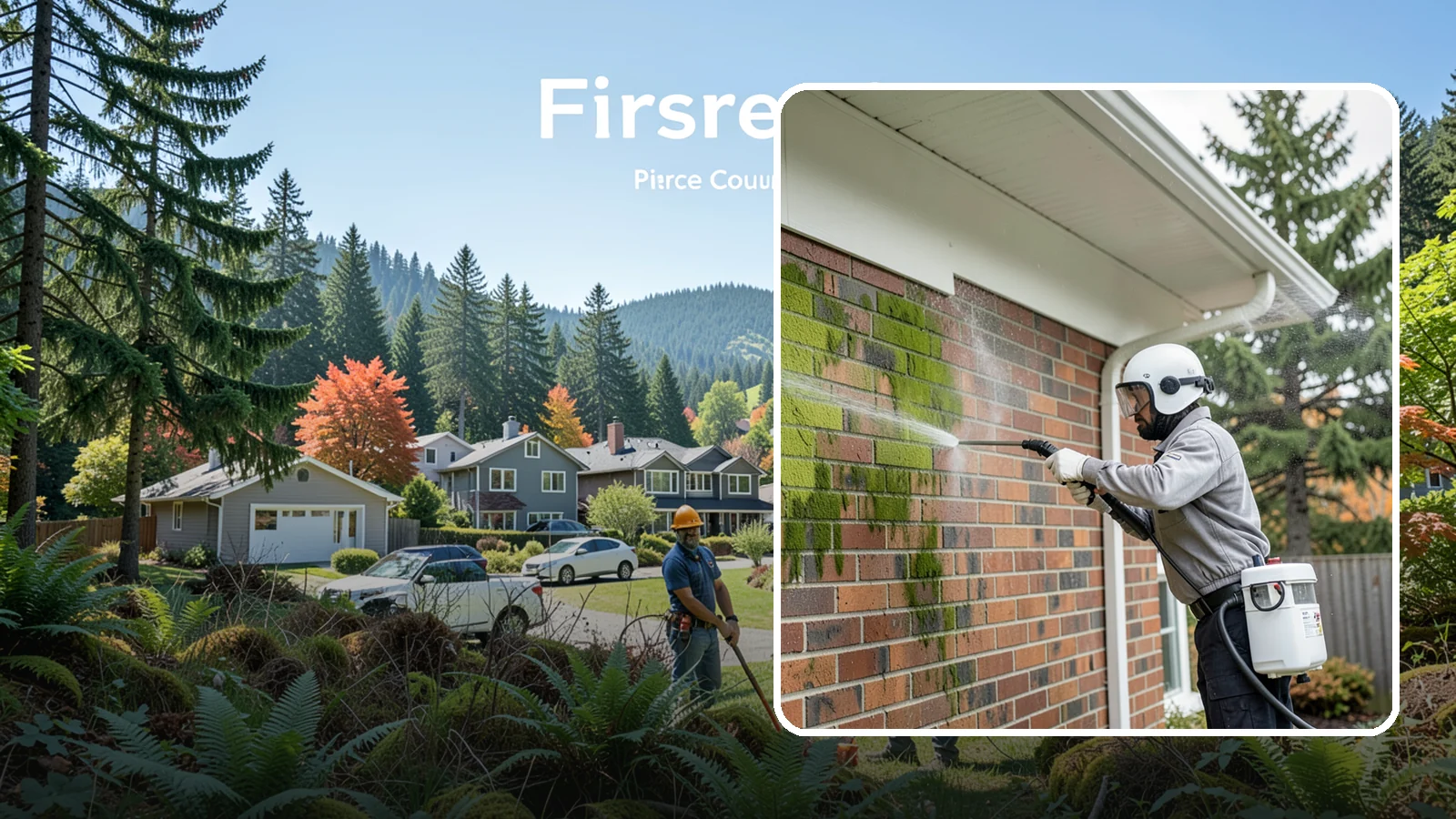 Brick House Washing in Fircrest, Pierce County, WA - Brick house washing removes the green algae, moss, and efflorescence that our damp weather draws out of masonry and mortar.