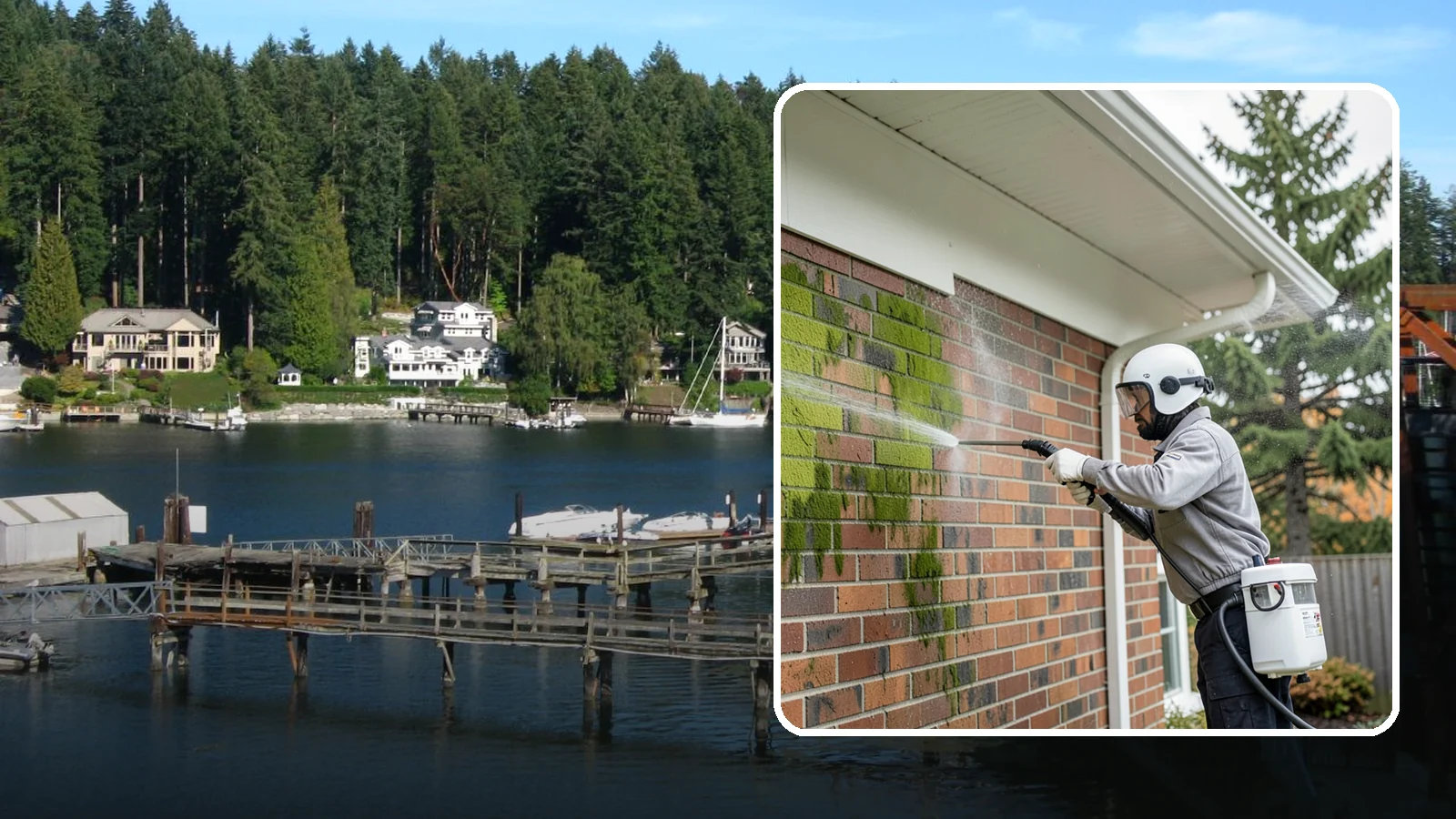 Brick House Washing in Gig Harbor, Pierce County, WA - Brick house washing removes the green algae, moss, and efflorescence that our damp weather draws out of masonry and mortar.
