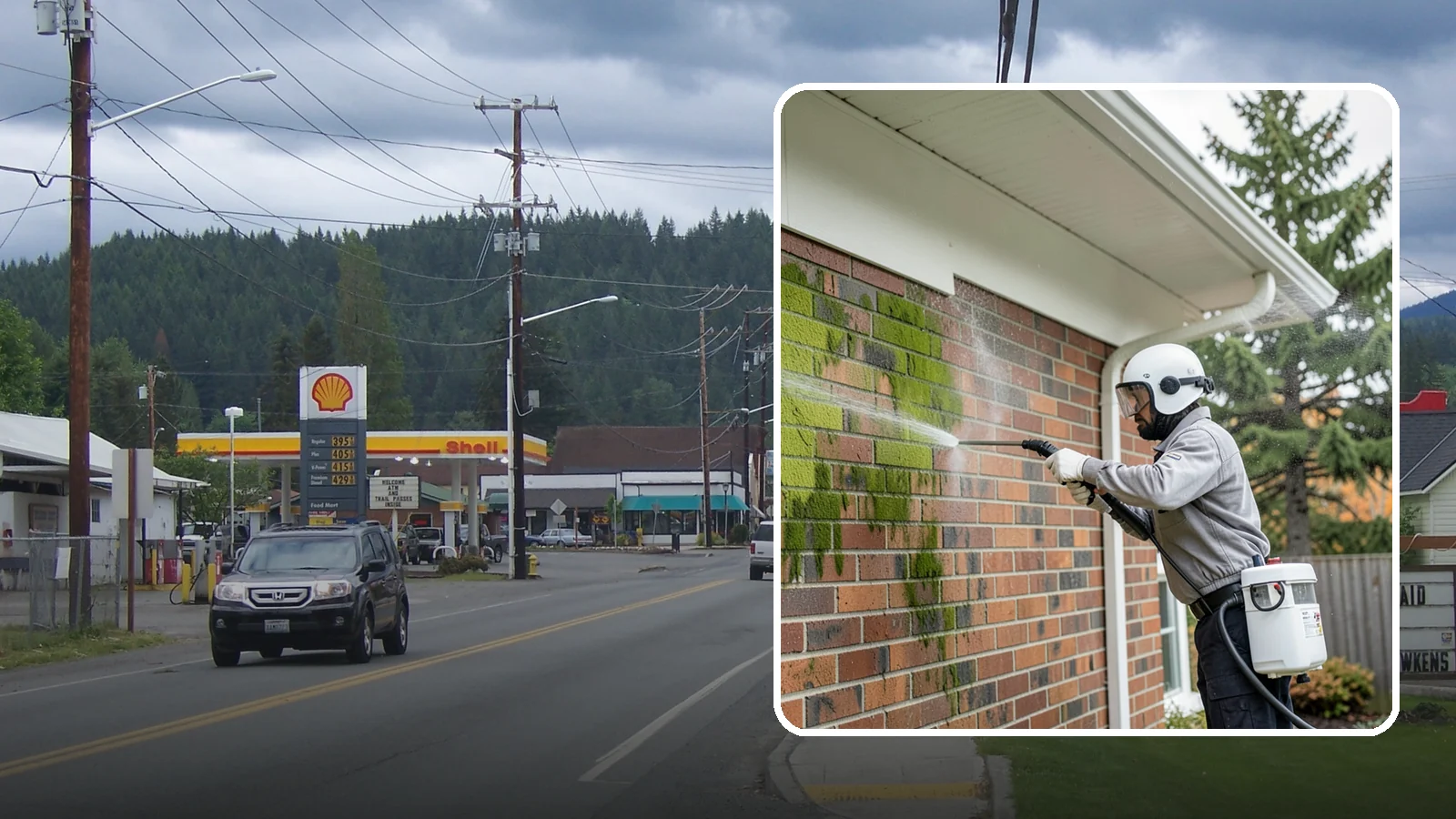 Brick House Washing in Granite Falls, Snohomish County, WA - Brick house washing removes the green algae, moss, and efflorescence that our damp weather draws out of masonry and mortar.