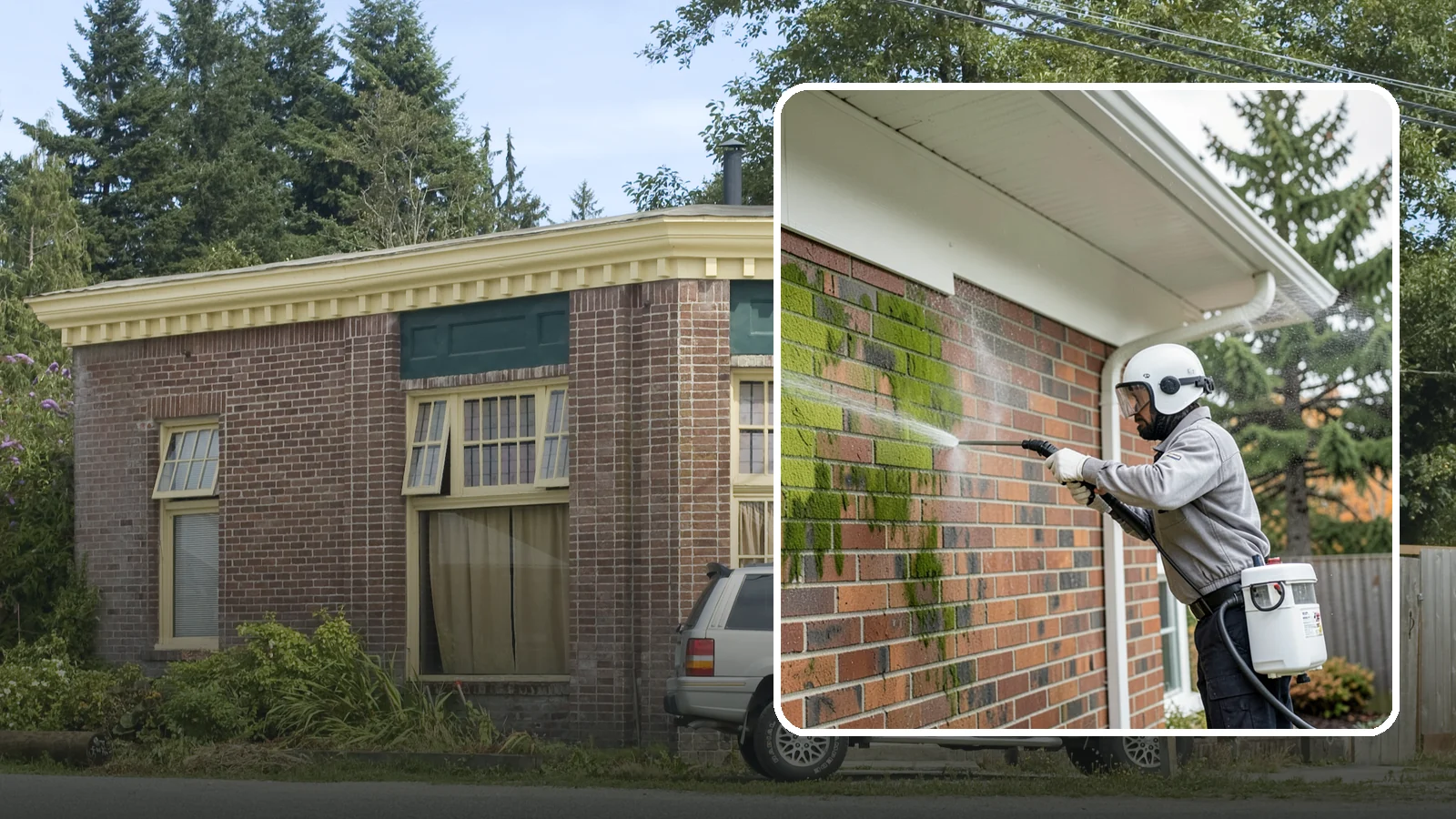 Brick House Washing in Hamilton, Skagit County, WA - Brick house washing removes the green algae, moss, and efflorescence that our damp weather draws out of masonry and mortar.