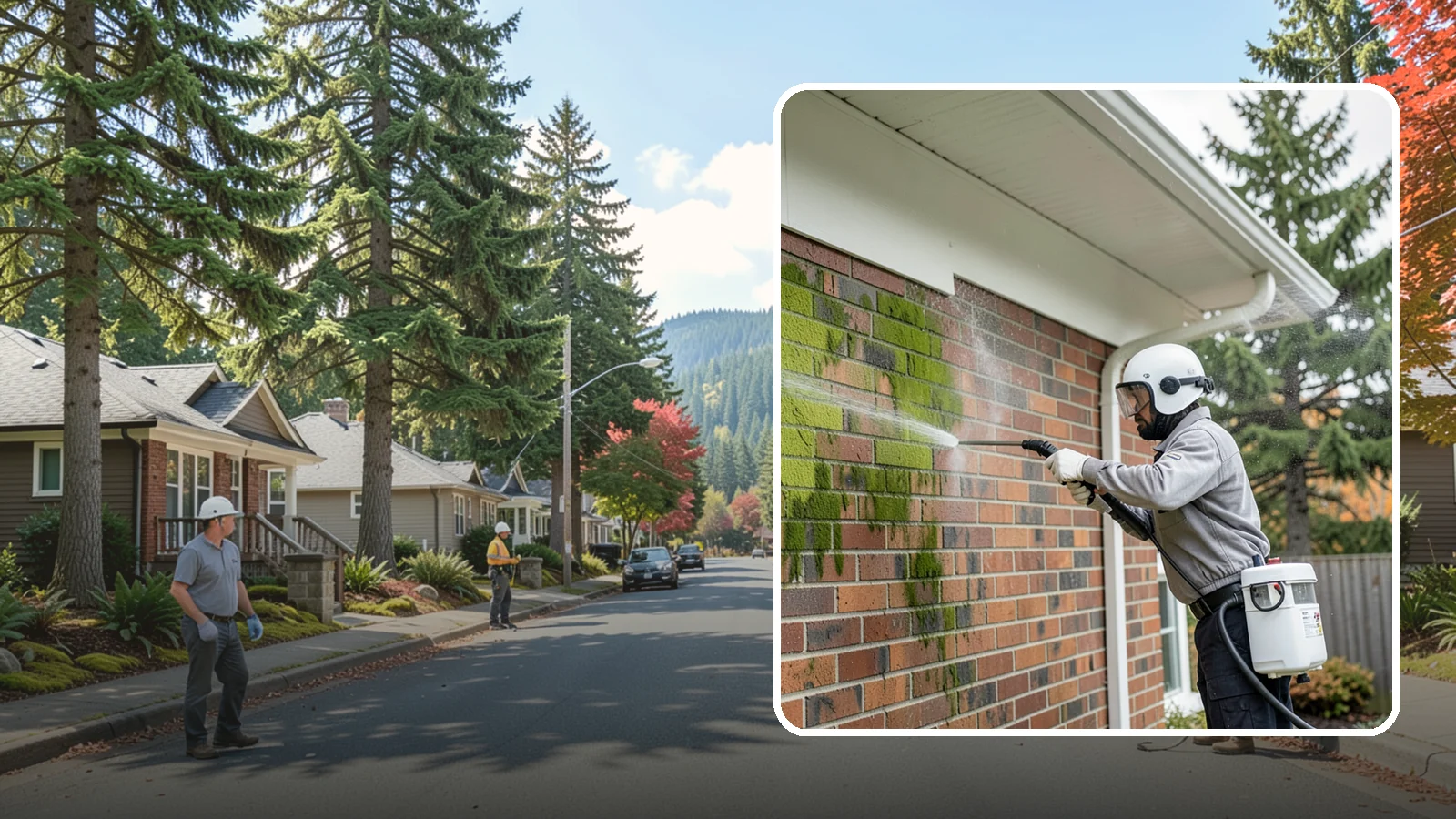 Brick House Washing in Hunts Point, King County, WA - Brick house washing removes the green algae, moss, and efflorescence that our damp weather draws out of masonry and mortar.