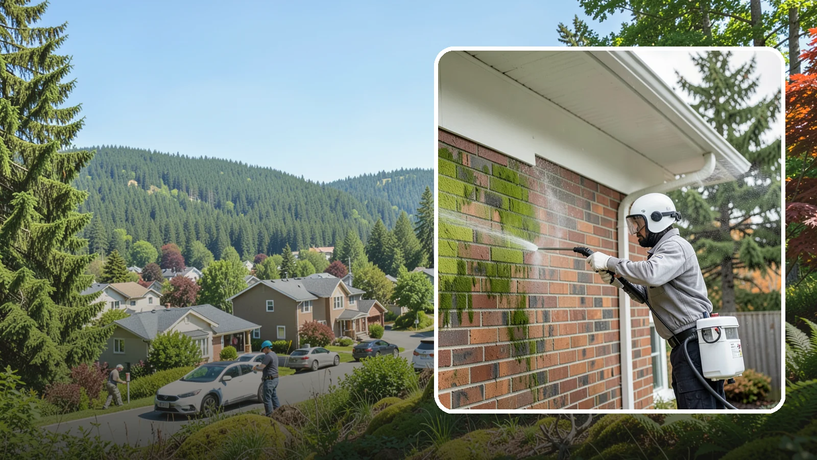 Brick House Washing in Index, Snohomish County, WA - Brick house washing removes the green algae, moss, and efflorescence that our damp weather draws out of masonry and mortar.