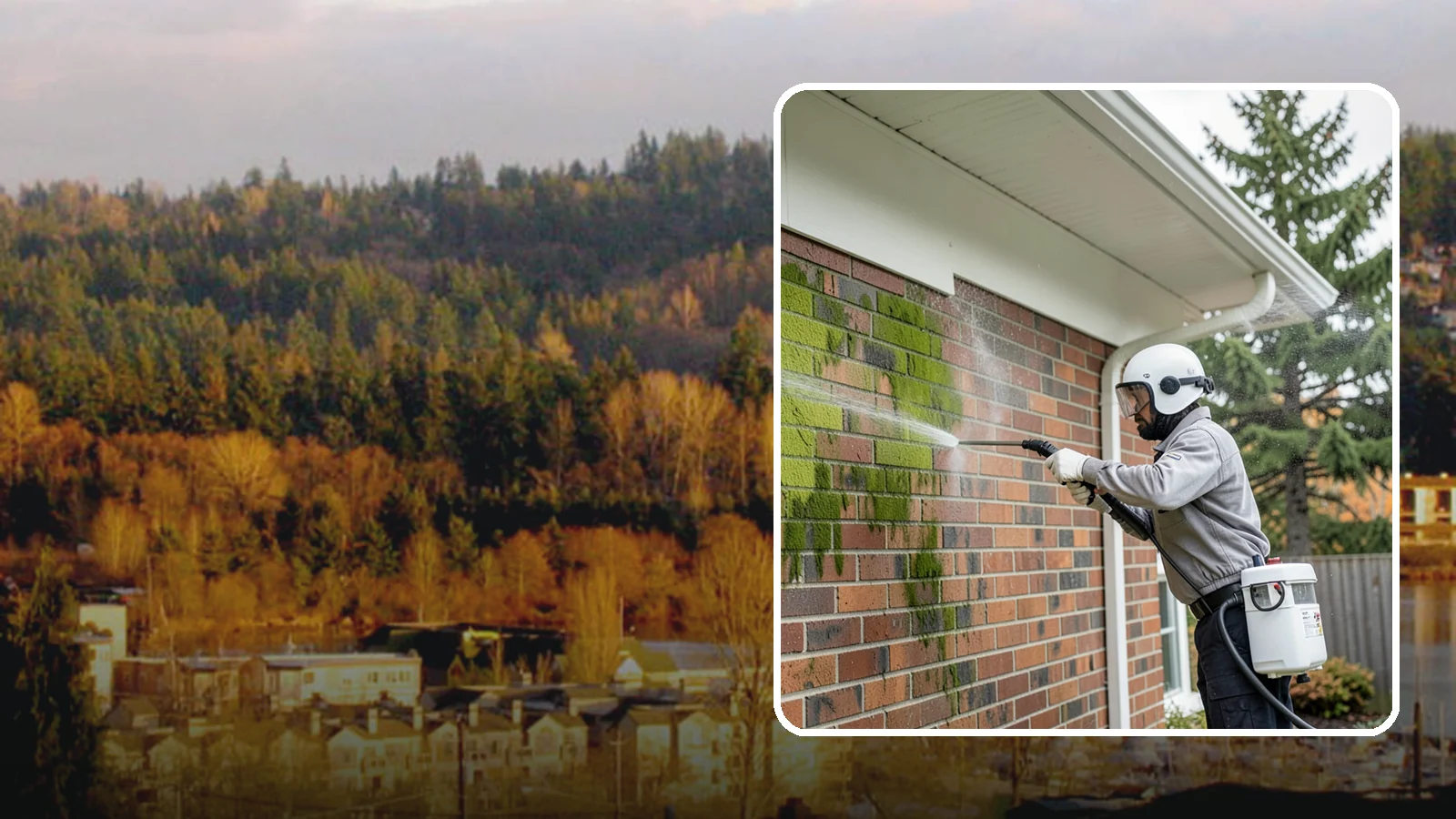 Brick House Washing in Kenmore, King County, WA - Brick house washing removes the green algae, moss, and efflorescence that our damp weather draws out of masonry and mortar.