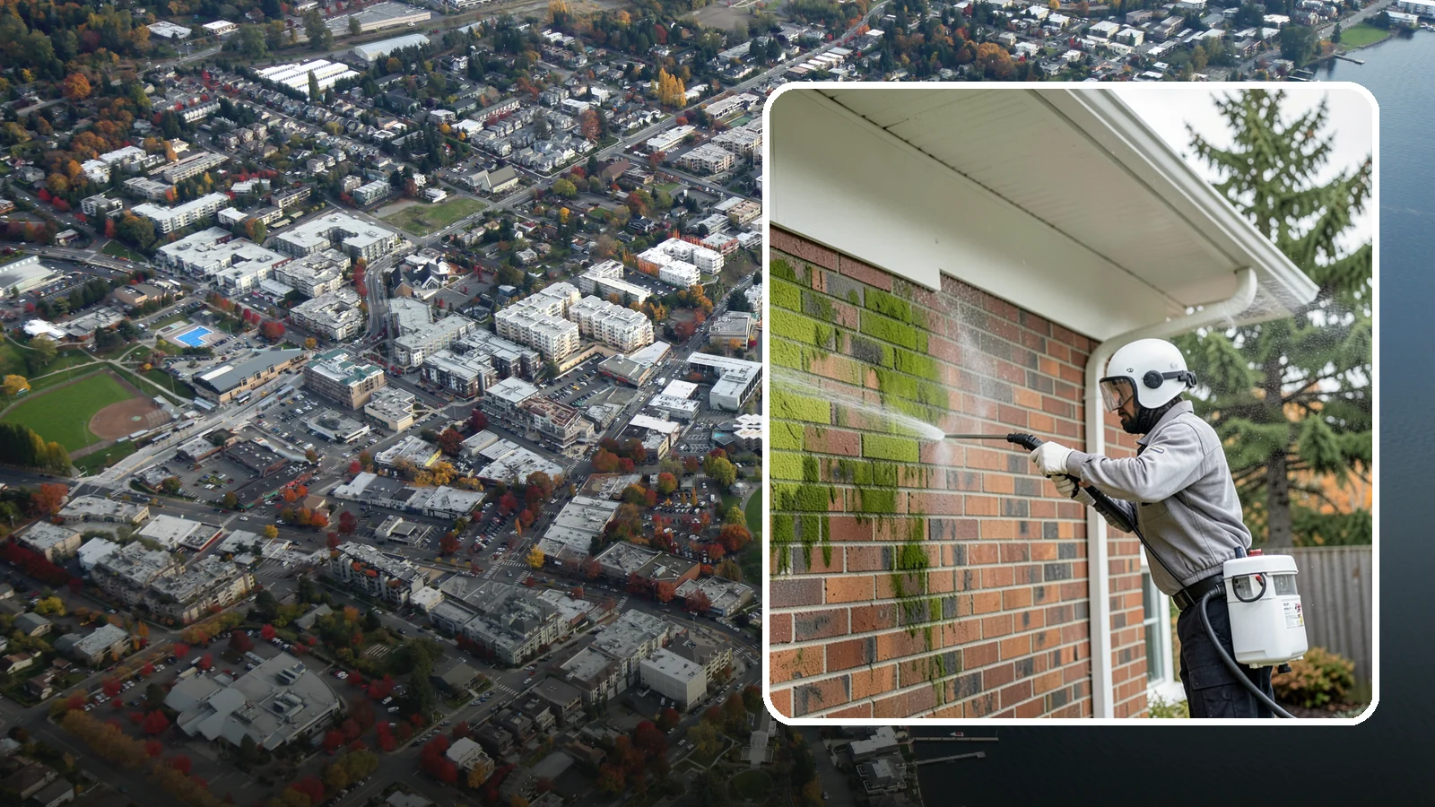 Brick House Washing in Kirkland, King County, WA - Brick house washing removes the green algae, moss, and efflorescence that our damp weather draws out of masonry and mortar.