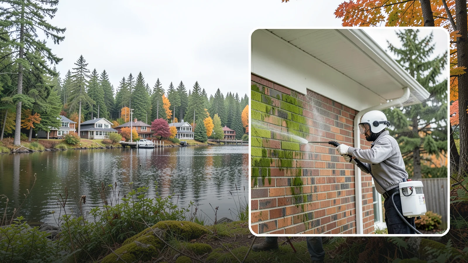 Brick House Washing in La Conner, Skagit County, WA - Brick house washing removes the green algae, moss, and efflorescence that our damp weather draws out of masonry and mortar.