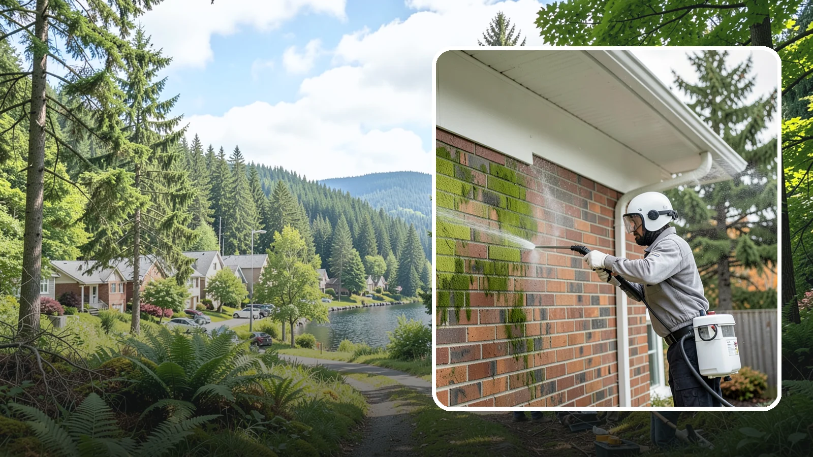 Brick House Washing in Lake Forest Park, King County, WA - Brick house washing removes the green algae, moss, and efflorescence that our damp weather draws out of masonry and mortar.
