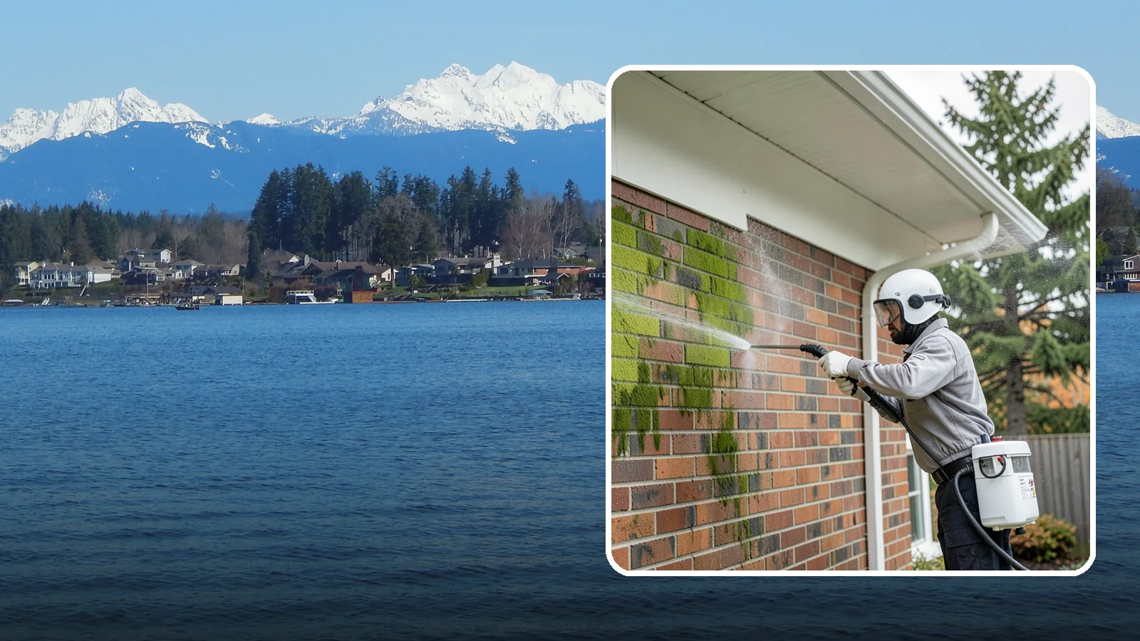 Brick House Washing in Lake Stevens, Snohomish County, WA - Brick house washing removes the green algae, moss, and efflorescence that our damp weather draws out of masonry and mortar.