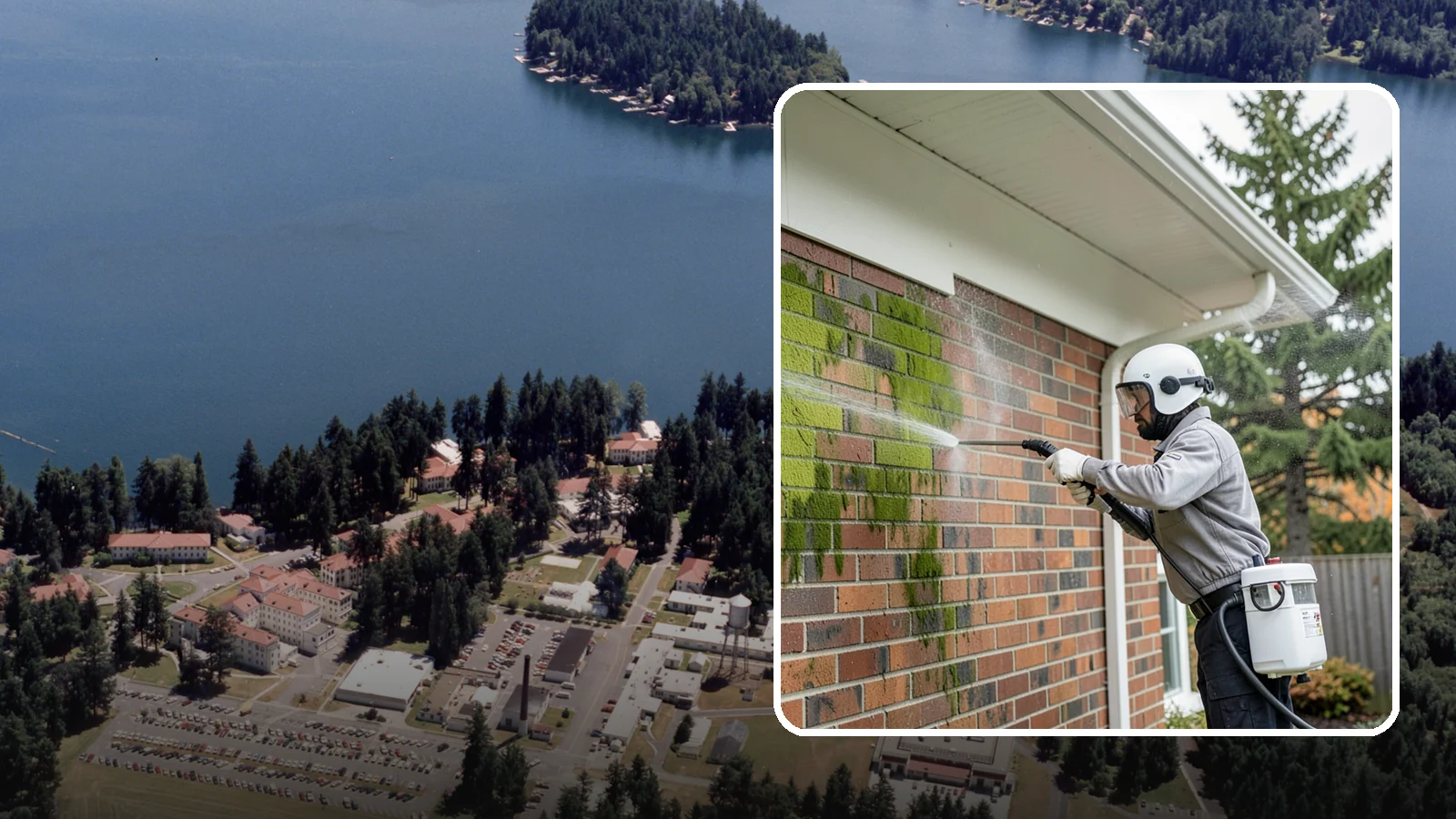 Brick House Washing in Lakewood, Pierce County, WA - Brick house washing removes the green algae, moss, and efflorescence that our damp weather draws out of masonry and mortar.