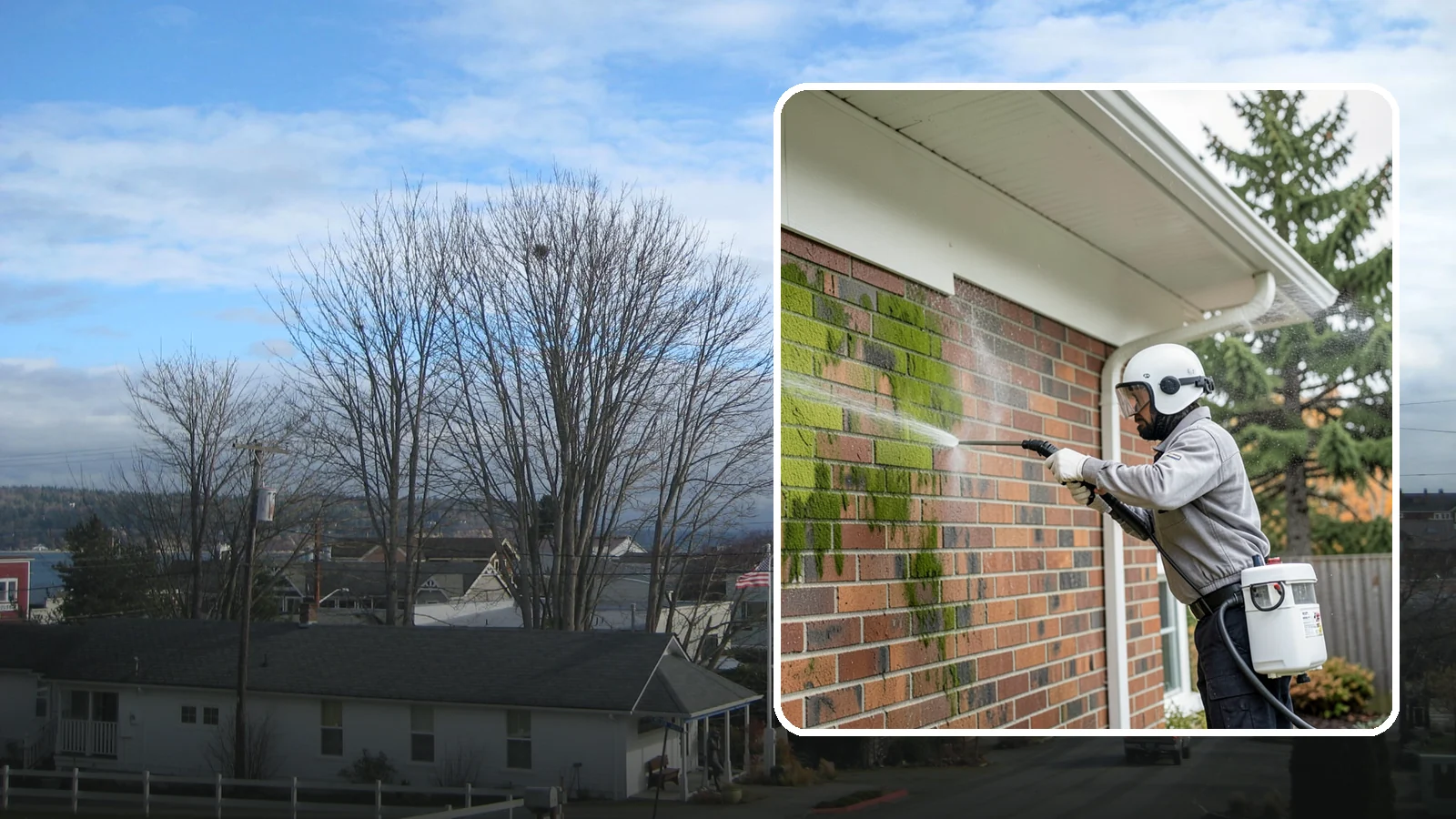 Brick House Washing in Langley, Island County, WA - Brick house washing removes the green algae, moss, and efflorescence that our damp weather draws out of masonry and mortar.
