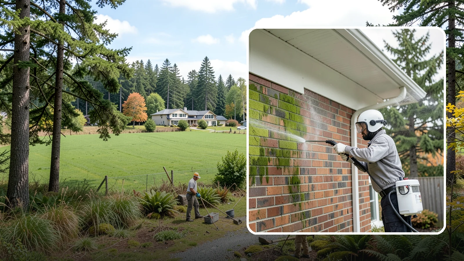 Brick House Washing in Lyman, Skagit County, WA - Brick house washing removes the green algae, moss, and efflorescence that our damp weather draws out of masonry and mortar.
