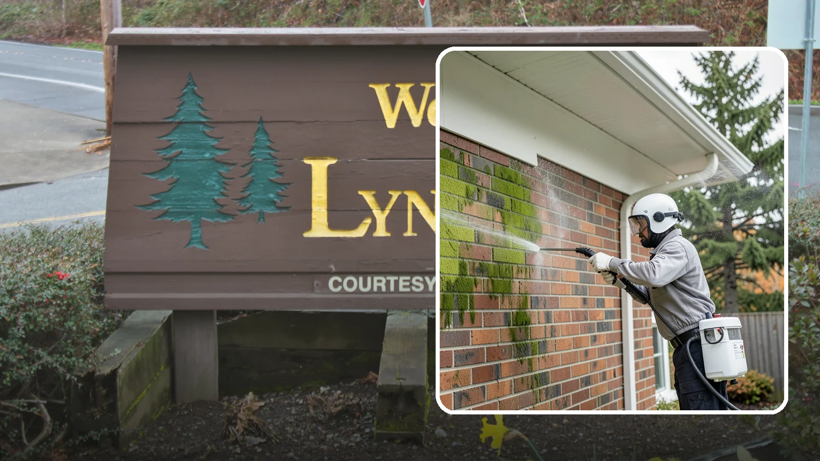 Brick House Washing in Lynnwood, Snohomish County, WA - Brick house washing removes the green algae, moss, and efflorescence that our damp weather draws out of masonry and mortar.