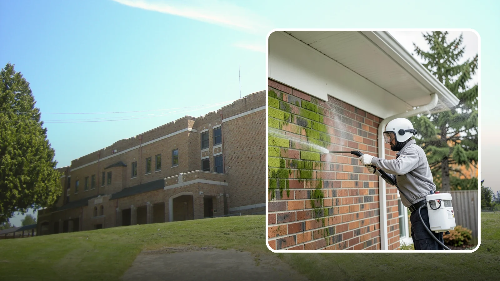 Brick House Washing in Maple Valley, King County, WA - Brick house washing removes the green algae, moss, and efflorescence that our damp weather draws out of masonry and mortar.