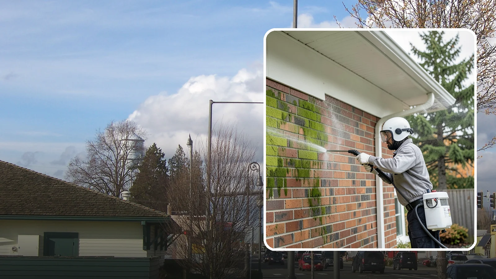 Brick House Washing in Marysville, Snohomish County, WA - Brick house washing removes the green algae, moss, and efflorescence that our damp weather draws out of masonry and mortar.