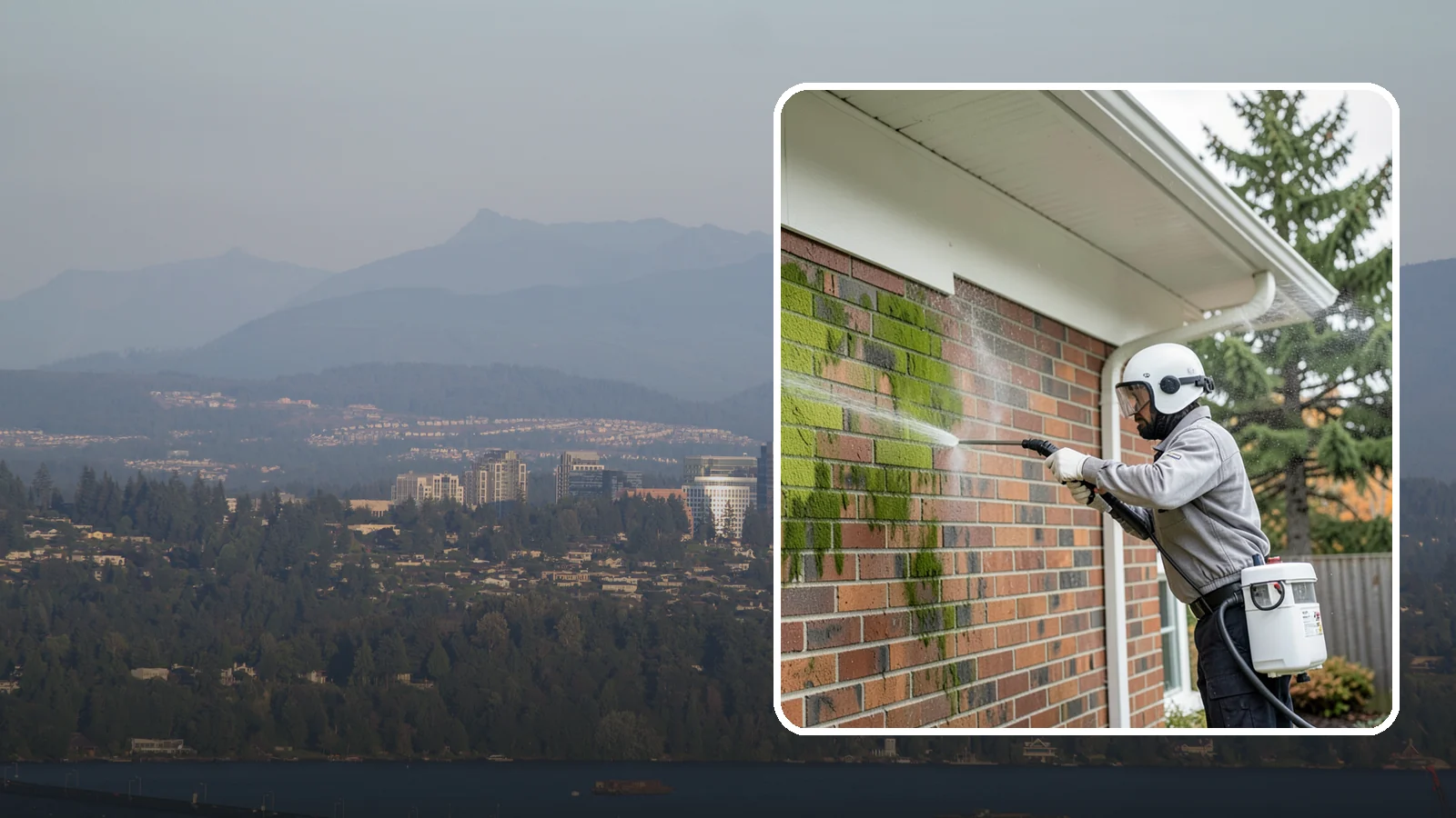 Brick House Washing in Medina, King County, WA - Brick house washing removes the green algae, moss, and efflorescence that our damp weather draws out of masonry and mortar.