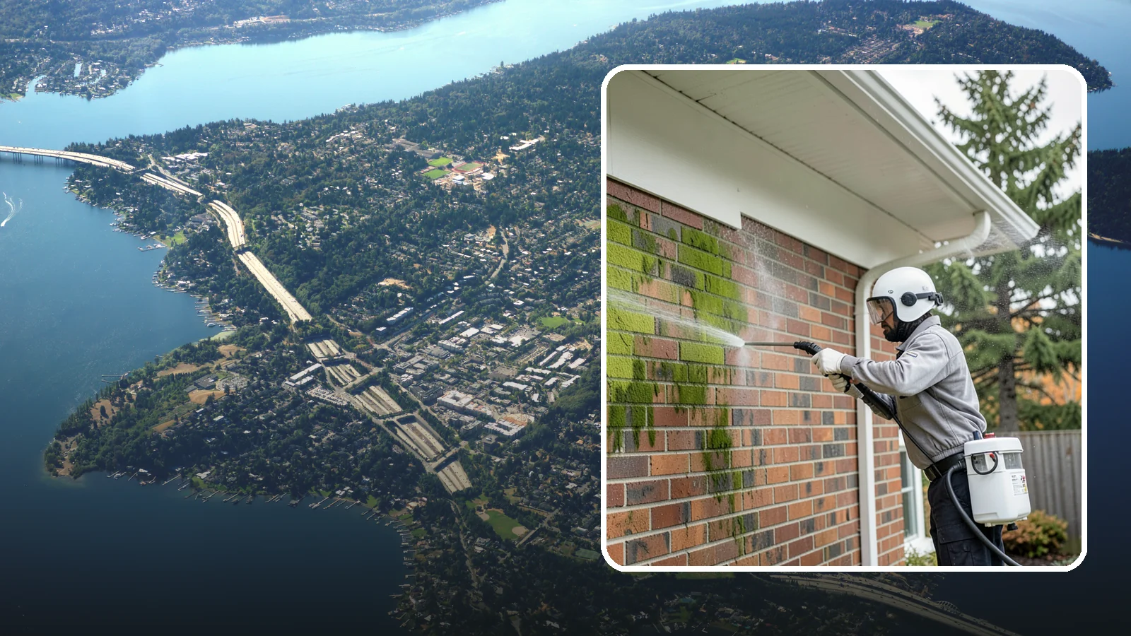 Brick House Washing in Mercer Island, King County, WA - Brick house washing removes the green algae, moss, and efflorescence that our damp weather draws out of masonry and mortar.