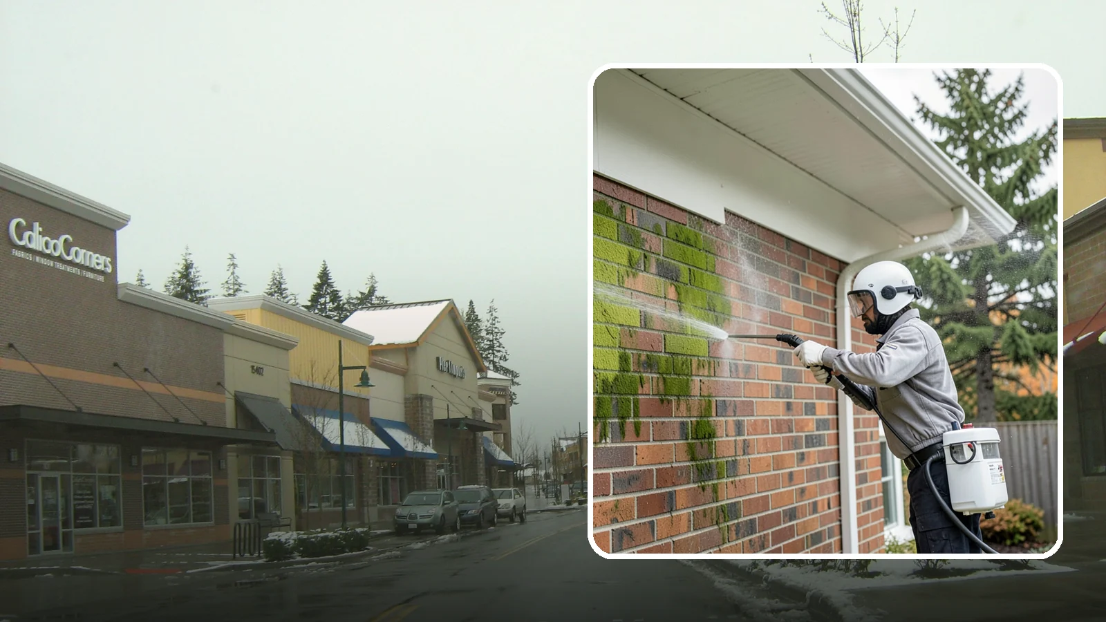 Brick House Washing in Mill Creek, Snohomish County, WA - Brick house washing removes the green algae, moss, and efflorescence that our damp weather draws out of masonry and mortar.