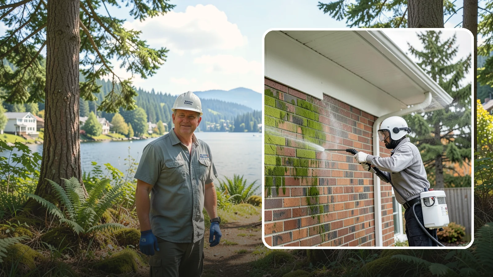 Brick House Washing in Milton, King County, WA - Brick house washing removes the green algae, moss, and efflorescence that our damp weather draws out of masonry and mortar.
