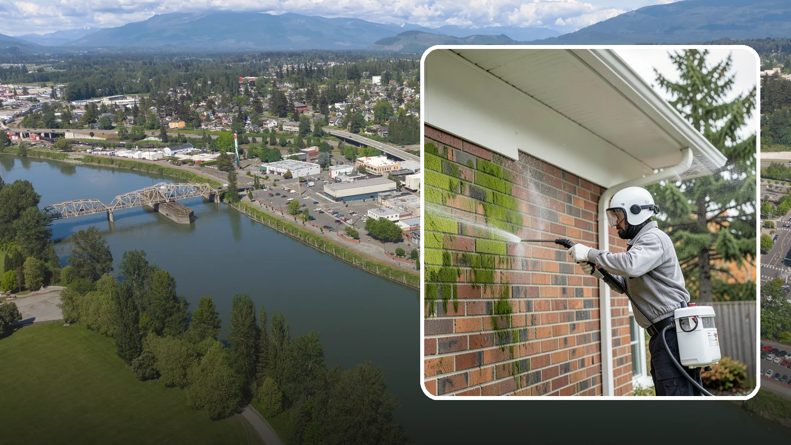Brick House Washing in Mount Vernon, Skagit County, WA - Brick house washing removes the green algae, moss, and efflorescence that our damp weather draws out of masonry and mortar.