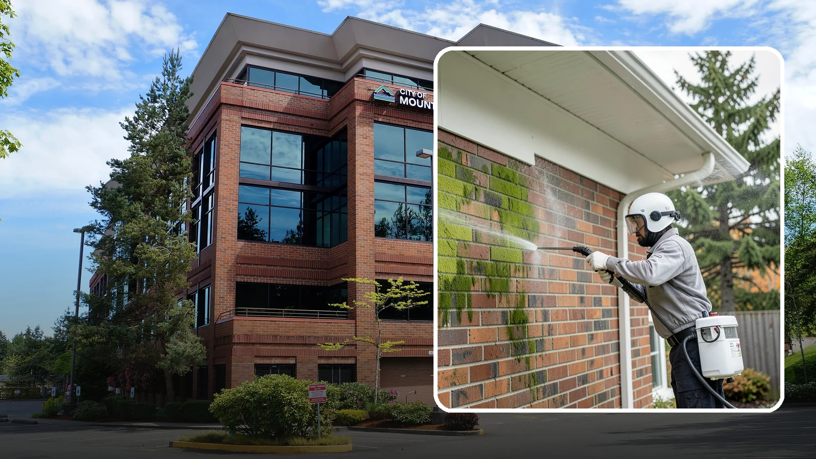 Brick House Washing in Mountlake Terrace, Snohomish County, WA - Brick house washing removes the green algae, moss, and efflorescence that our damp weather draws out of masonry and mortar.