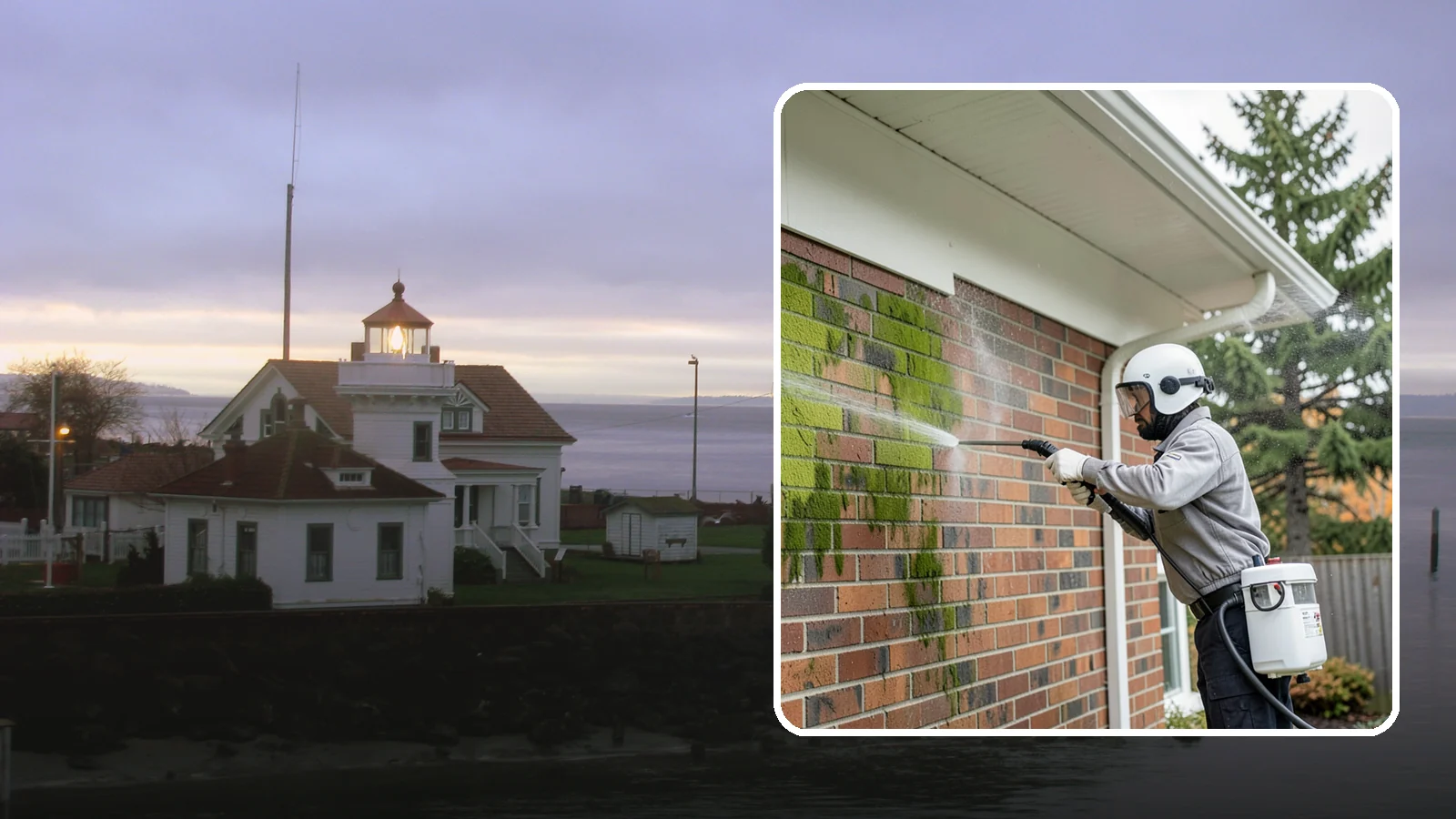 Brick House Washing in Mukilteo, Snohomish County, WA - Brick house washing removes the green algae, moss, and efflorescence that our damp weather draws out of masonry and mortar.