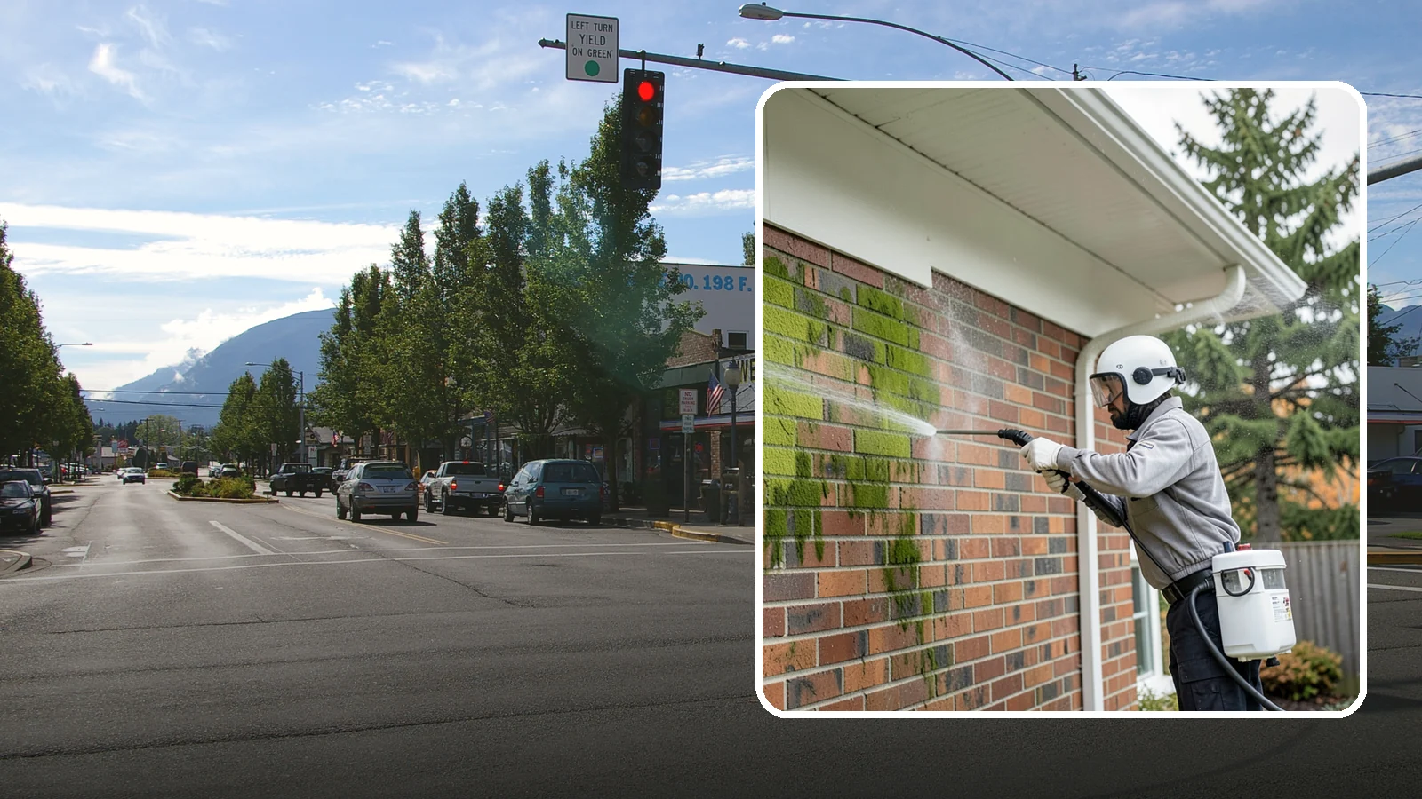 Brick House Washing in North Bend, King County, WA - Brick house washing removes the green algae, moss, and efflorescence that our damp weather draws out of masonry and mortar.