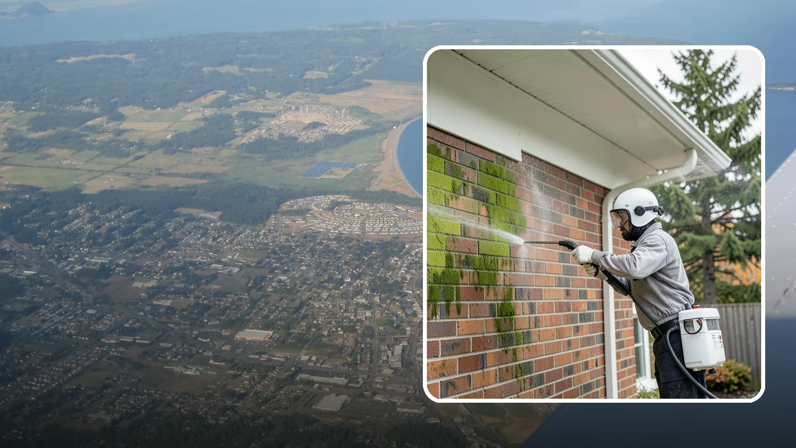 Brick House Washing in Oak Harbor, Island County, WA - Brick house washing removes the green algae, moss, and efflorescence that our damp weather draws out of masonry and mortar.
