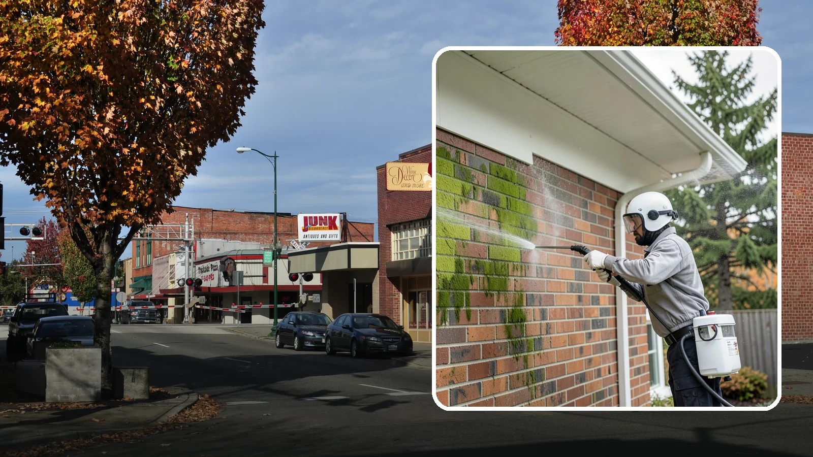 Brick House Washing in Puyallup, Pierce County, WA - Brick house washing removes the green algae, moss, and efflorescence that our damp weather draws out of masonry and mortar.