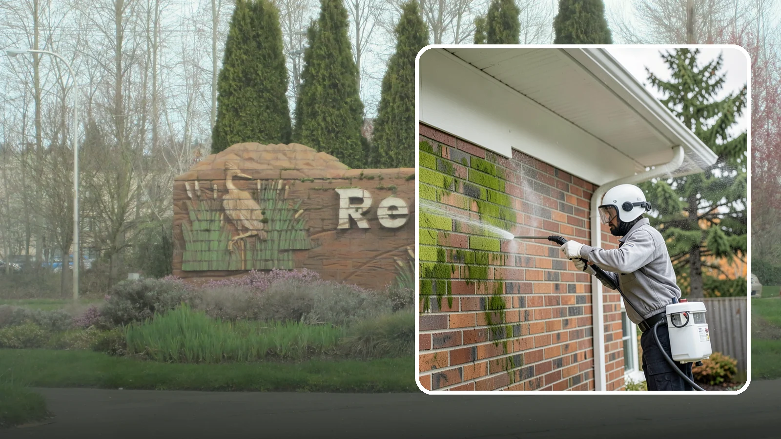 Brick House Washing in Renton, King County, WA - Brick house washing removes the green algae, moss, and efflorescence that our damp weather draws out of masonry and mortar.