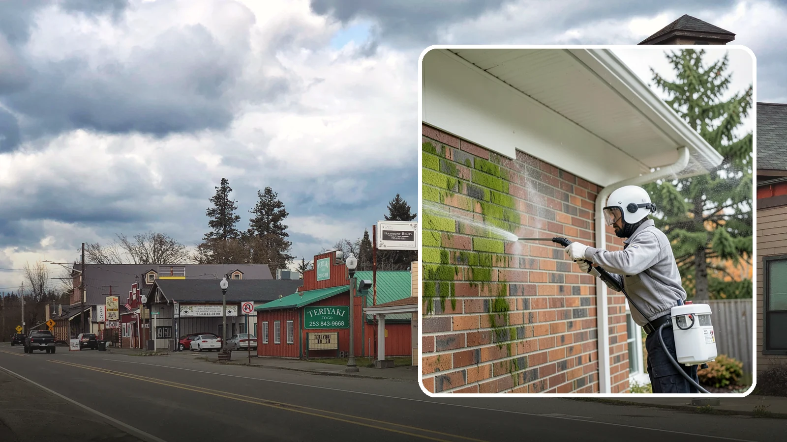 Brick House Washing in Roy, Pierce County, WA - Brick house washing removes the green algae, moss, and efflorescence that our damp weather draws out of masonry and mortar.