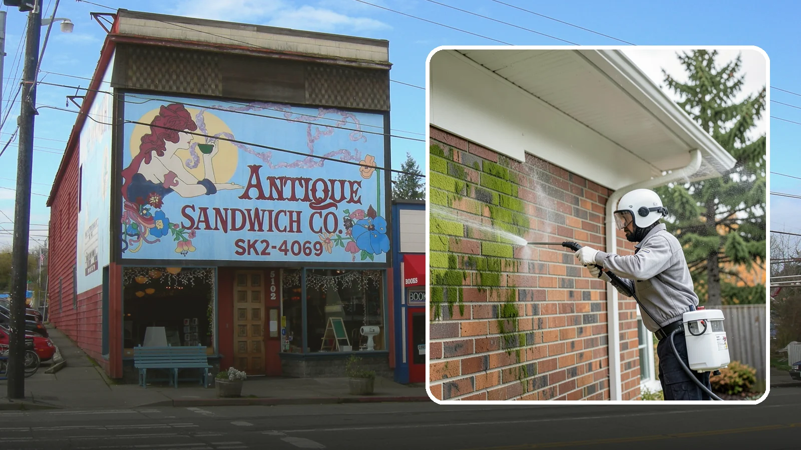 Brick House Washing in Ruston, Pierce County, WA - Brick house washing removes the green algae, moss, and efflorescence that our damp weather draws out of masonry and mortar.