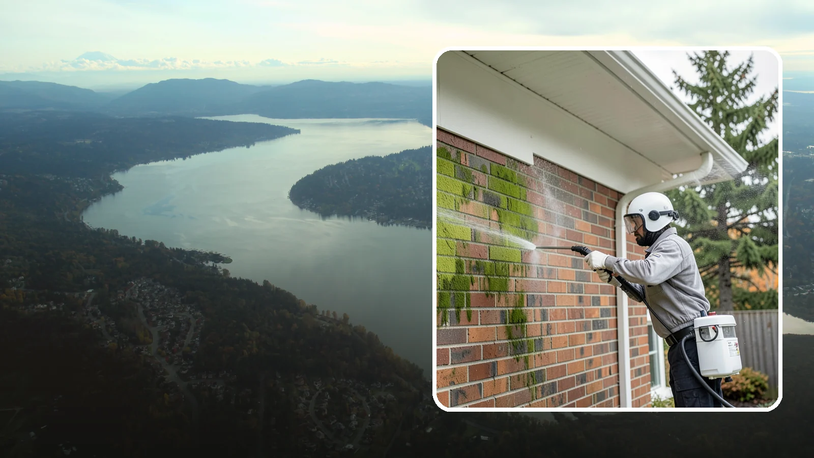 Brick House Washing in Sammamish, King County, WA - Brick house washing removes the green algae, moss, and efflorescence that our damp weather draws out of masonry and mortar.