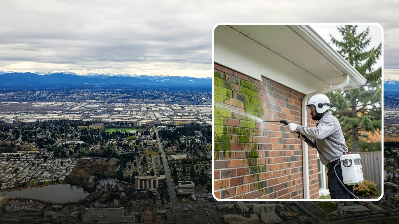 Brick House Washing in SeaTac, King County, WA - Brick house washing removes the green algae, moss, and efflorescence that our damp weather draws out of masonry and mortar.