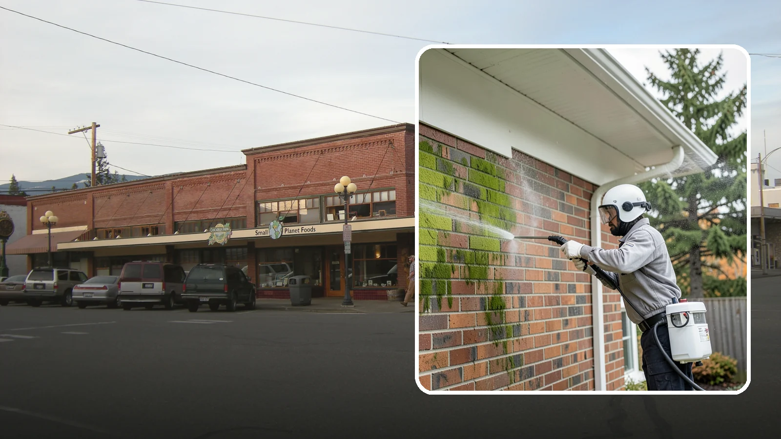 Brick House Washing in Sedro-Woolley, Skagit County, WA - Brick house washing removes the green algae, moss, and efflorescence that our damp weather draws out of masonry and mortar.