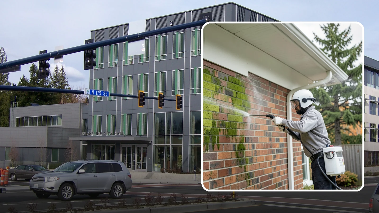 Brick House Washing in Shoreline, King County, WA - Brick house washing removes the green algae, moss, and efflorescence that our damp weather draws out of masonry and mortar.