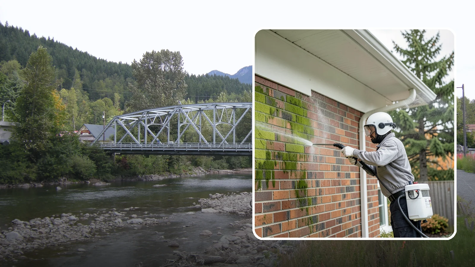 Brick House Washing in Skykomish, King County, WA - Brick house washing removes the green algae, moss, and efflorescence that our damp weather draws out of masonry and mortar.