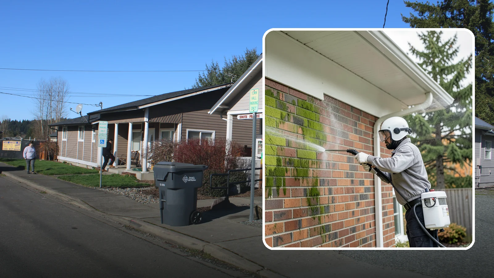Brick House Washing in South Prairie, Pierce County, WA - Brick house washing removes the green algae, moss, and efflorescence that our damp weather draws out of masonry and mortar.