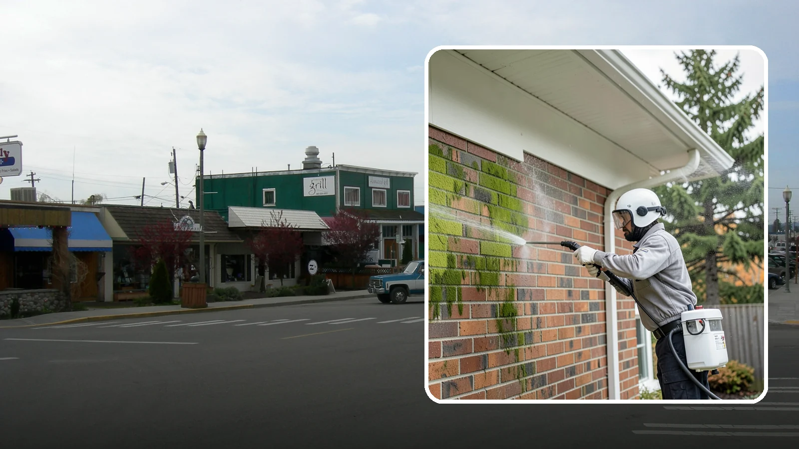 Brick House Washing in Stanwood, Snohomish County, WA - Brick house washing removes the green algae, moss, and efflorescence that our damp weather draws out of masonry and mortar.