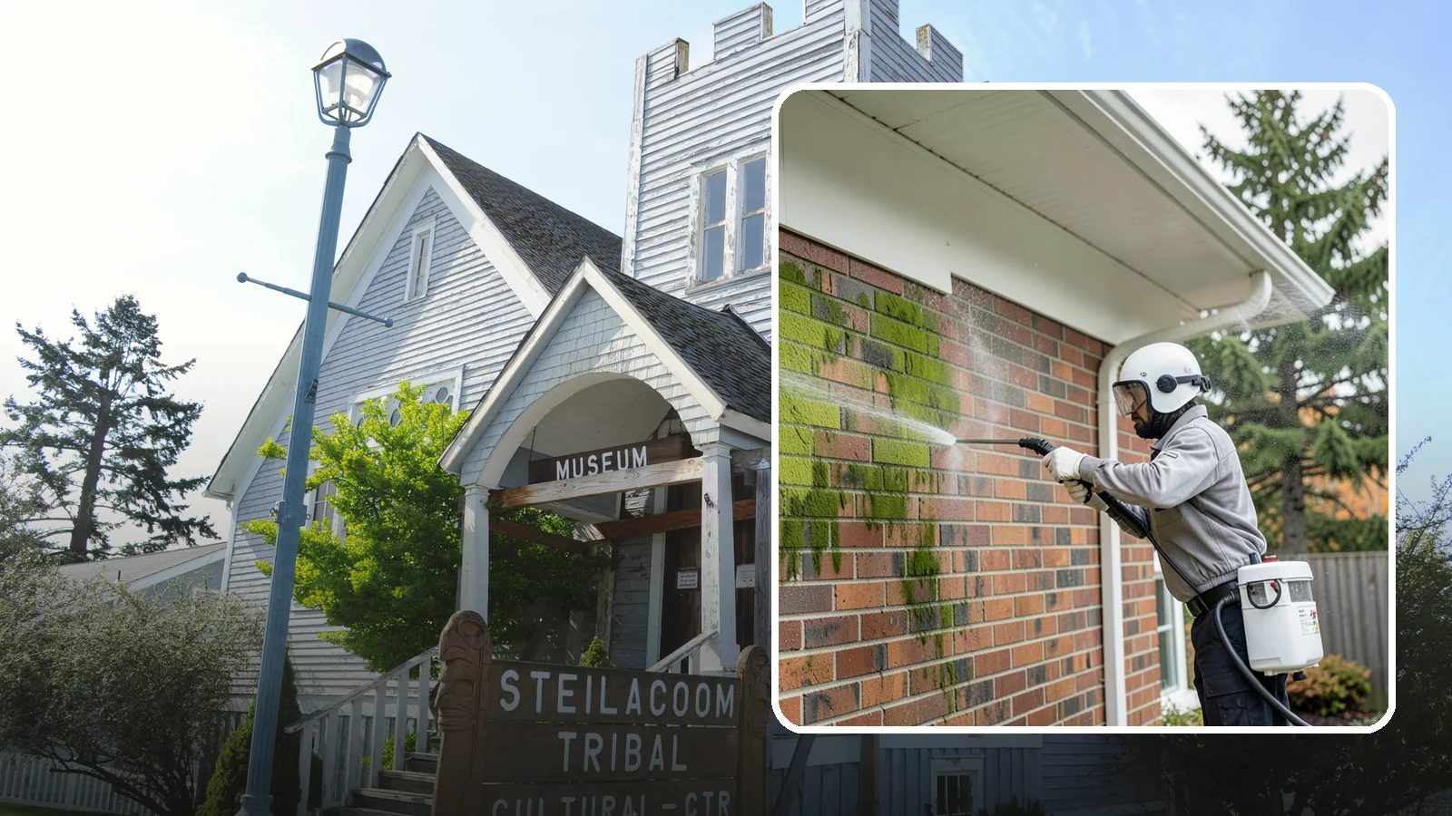 Brick House Washing in Steilacoom, Pierce County, WA - Brick house washing removes the green algae, moss, and efflorescence that our damp weather draws out of masonry and mortar.