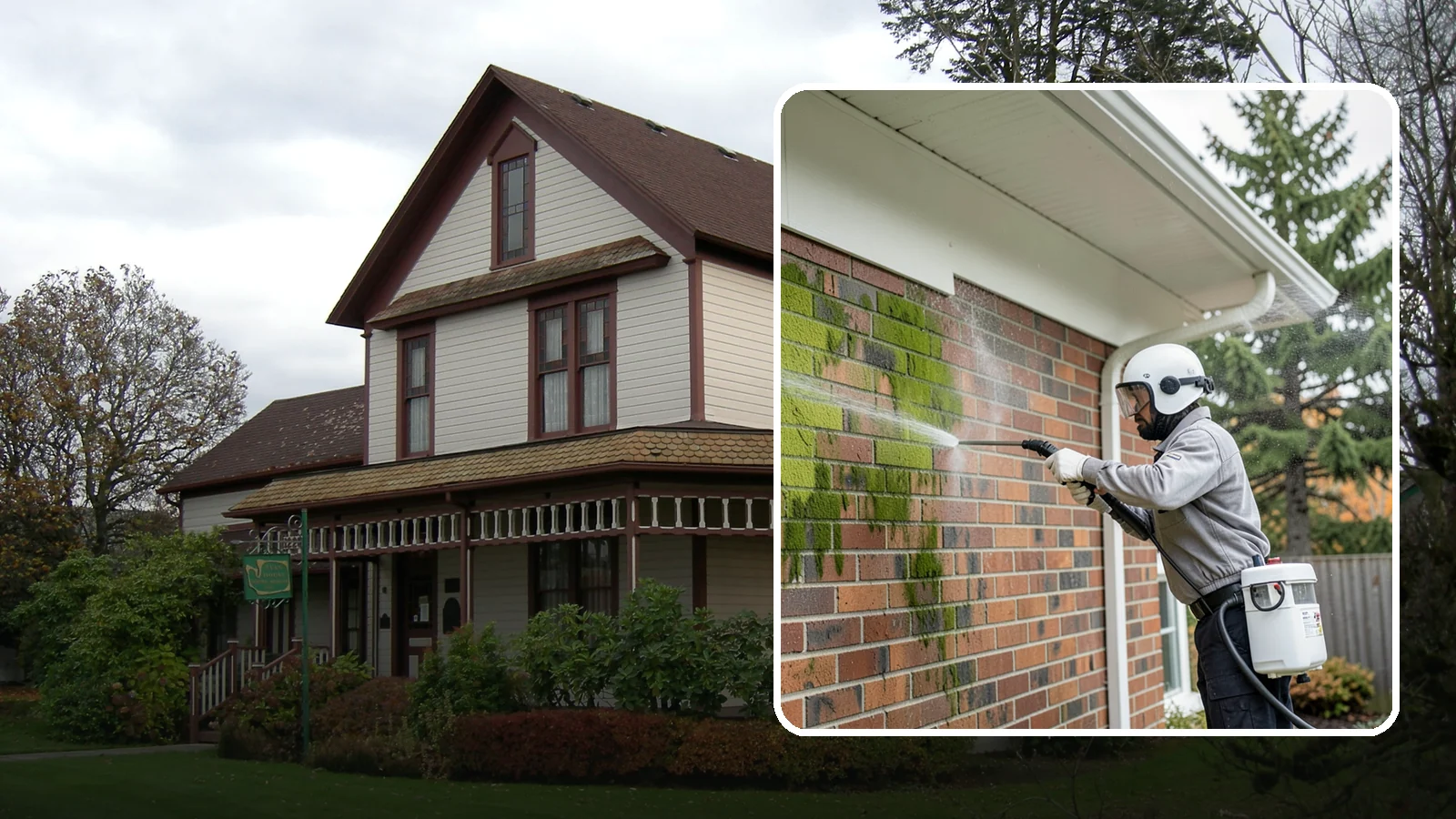 Brick House Washing in Sumner, Pierce County, WA - Brick house washing removes the green algae, moss, and efflorescence that our damp weather draws out of masonry and mortar.