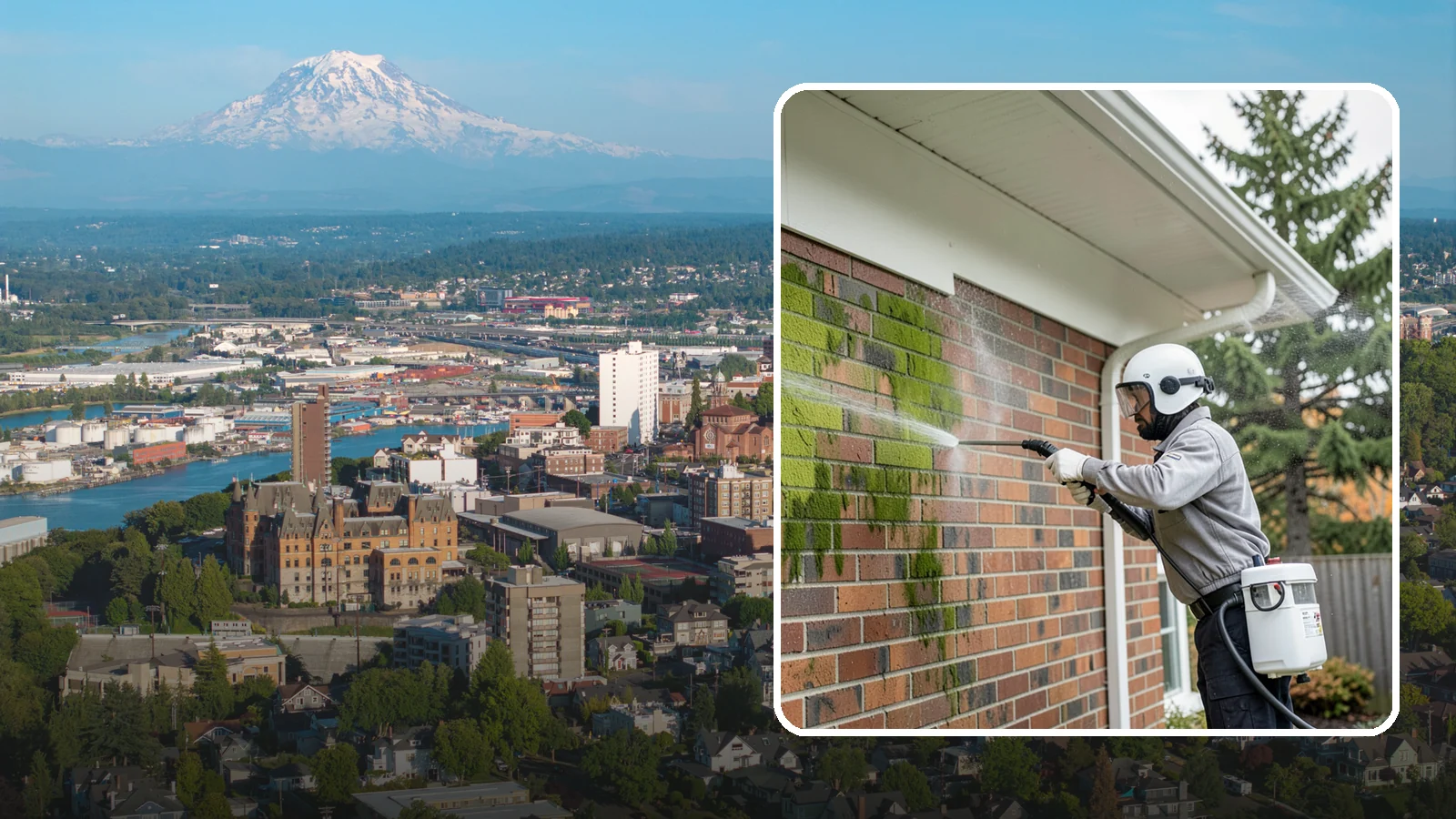 Brick House Washing in Tacoma, Pierce County, WA - Brick house washing removes the green algae, moss, and efflorescence that our damp weather draws out of masonry and mortar.