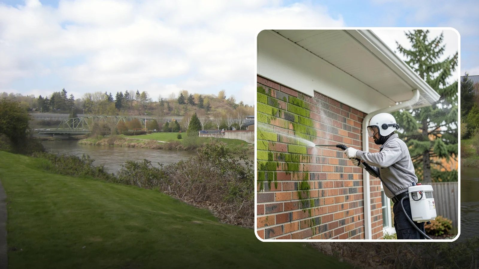 Brick House Washing in Tukwila, King County, WA - Brick house washing removes the green algae, moss, and efflorescence that our damp weather draws out of masonry and mortar.