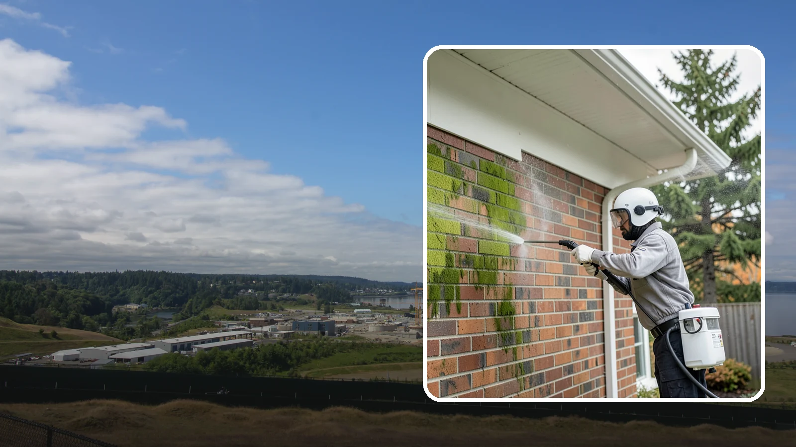 Brick House Washing in University Place, Pierce County, WA - Brick house washing removes the green algae, moss, and efflorescence that our damp weather draws out of masonry and mortar.